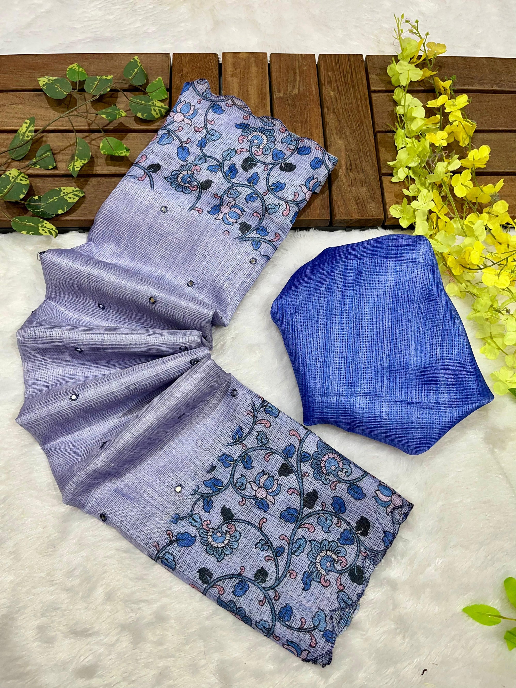 Lavender Soft Kota Silk Saree with Kalamkari Digital Prints & Mirror Work