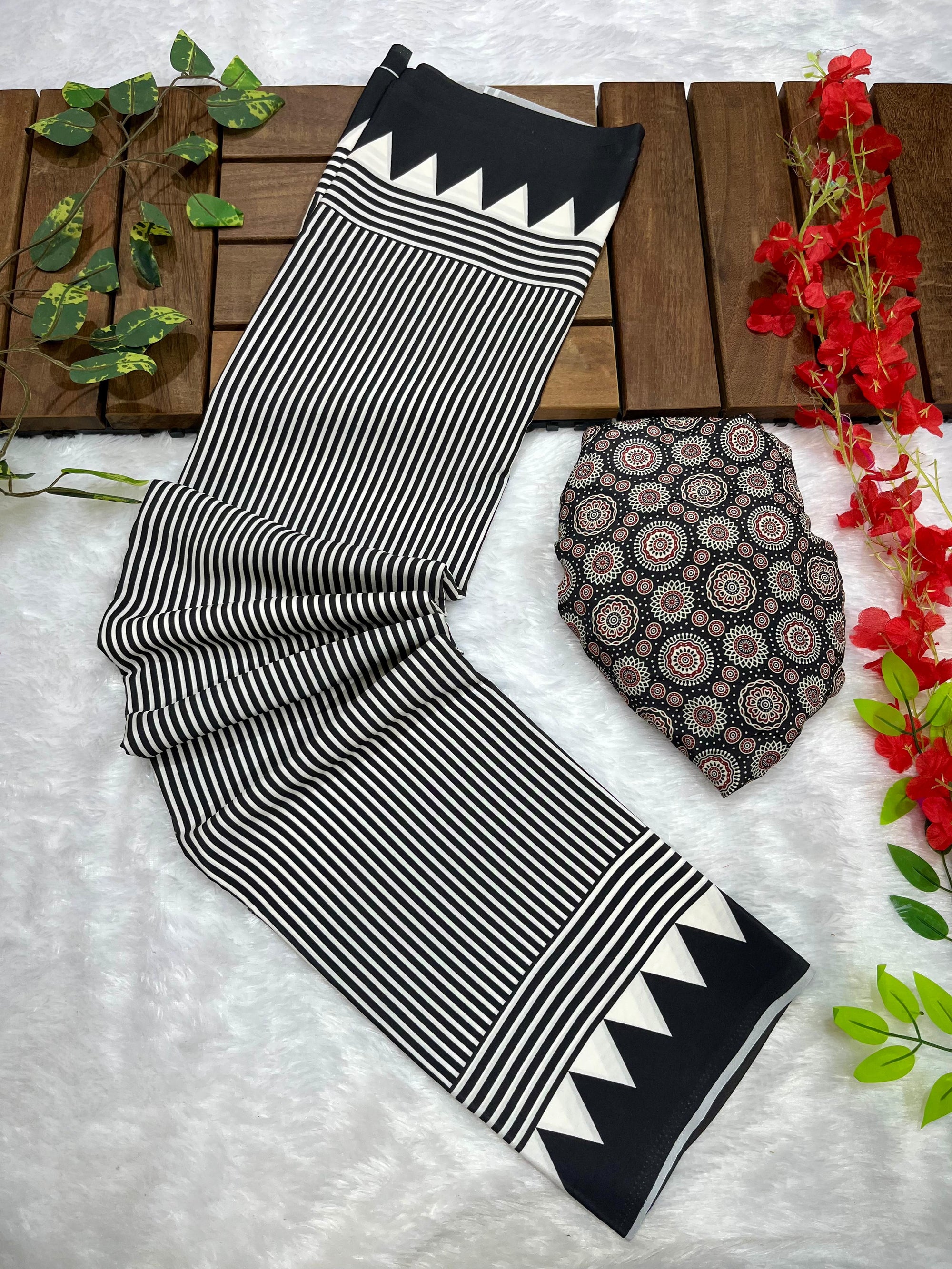 Black Crape Silk Saree with Ajrakh Printed Body & Heavy Ajrakh Blouse