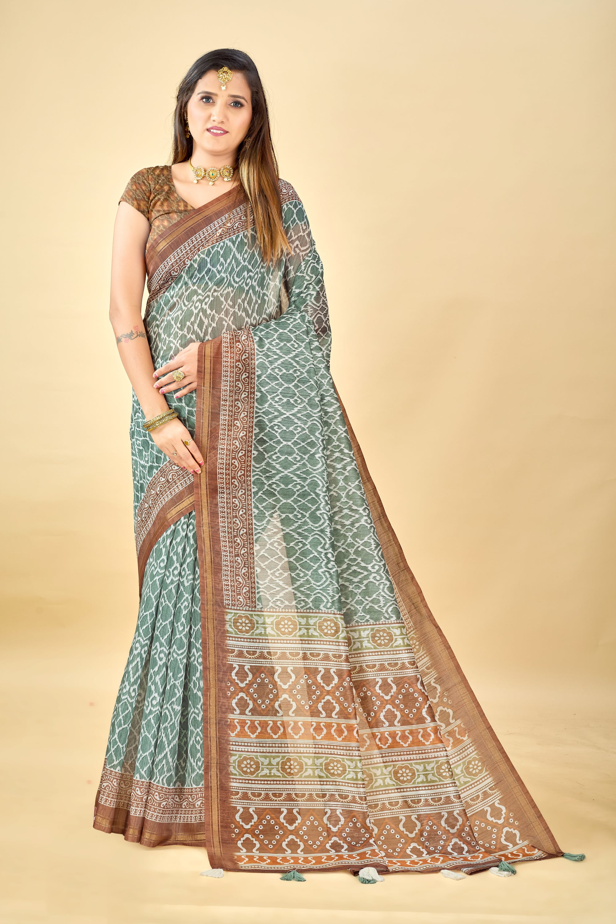 Soft Raw Silk Saree with Ajrakh Digital Prints & Golden Zari Border