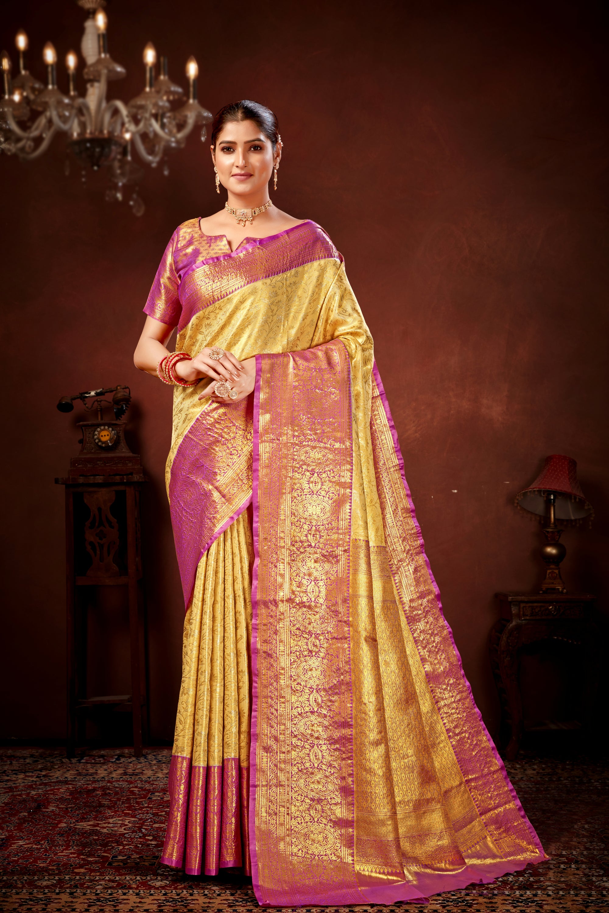 Cream Pure Dharamavaram Silk Saree with Meenakari Zari Weave & Contrast Rich Pallu