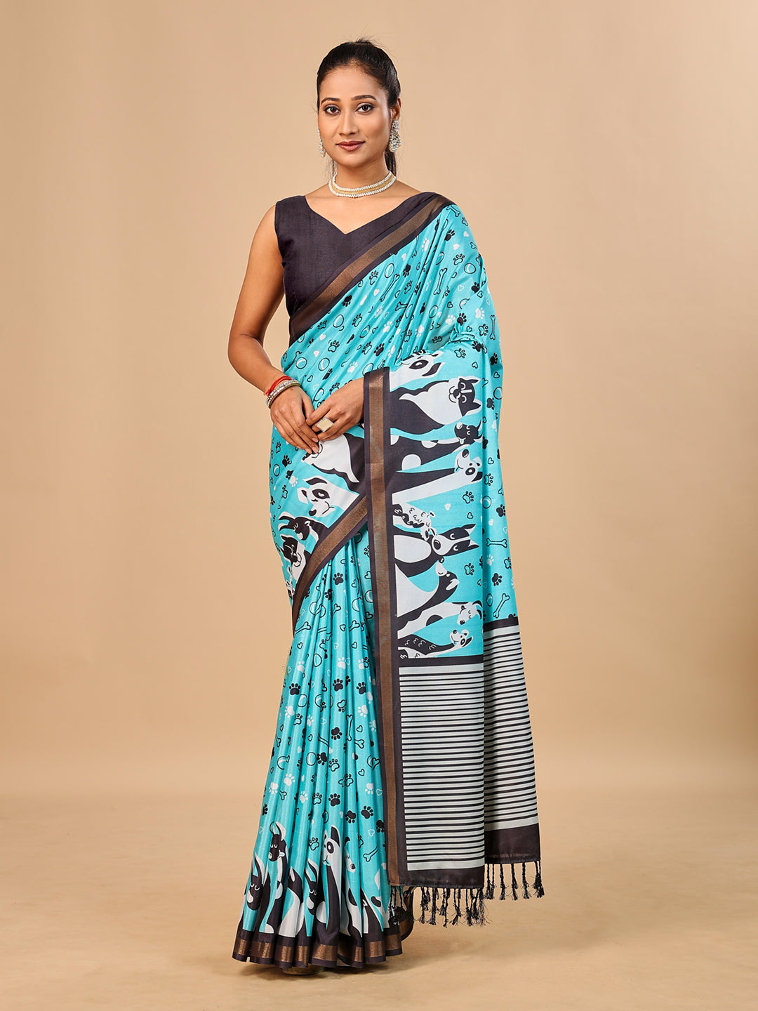 Blue Soft Cotton Silk Saree with Golden Zari Border & Dog Digital Prints