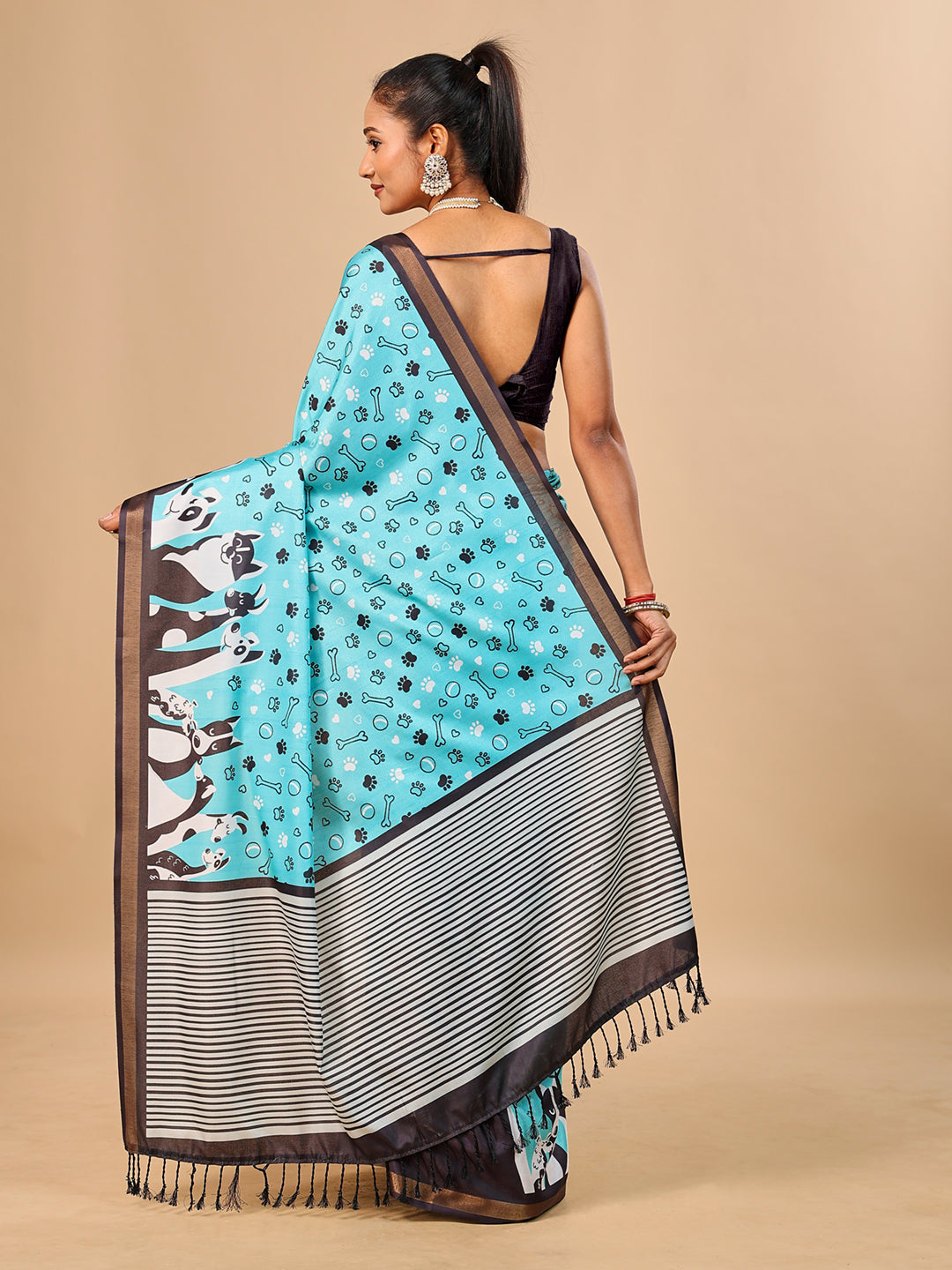 Blue Soft Cotton Silk Saree with Golden Zari Border & Dog Digital Prints