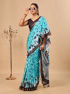 Blue Soft Cotton Silk Saree with Golden Zari Border & Dog Digital Prints