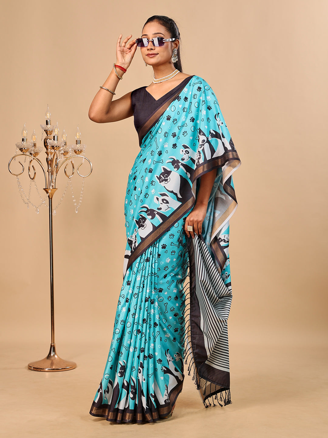 Blue Soft Cotton Silk Saree with Golden Zari Border & Dog Digital Prints