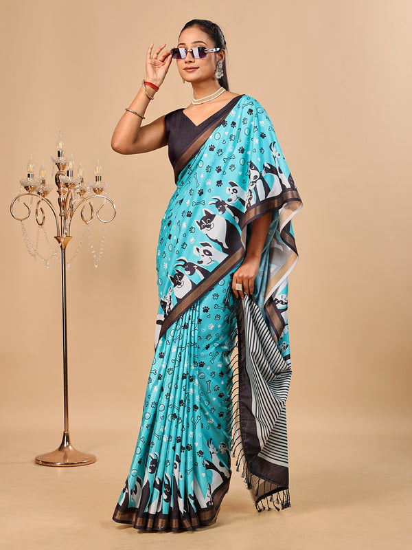 Blue Soft Cotton Silk Saree with Golden Zari Border & Dog Digital Prints