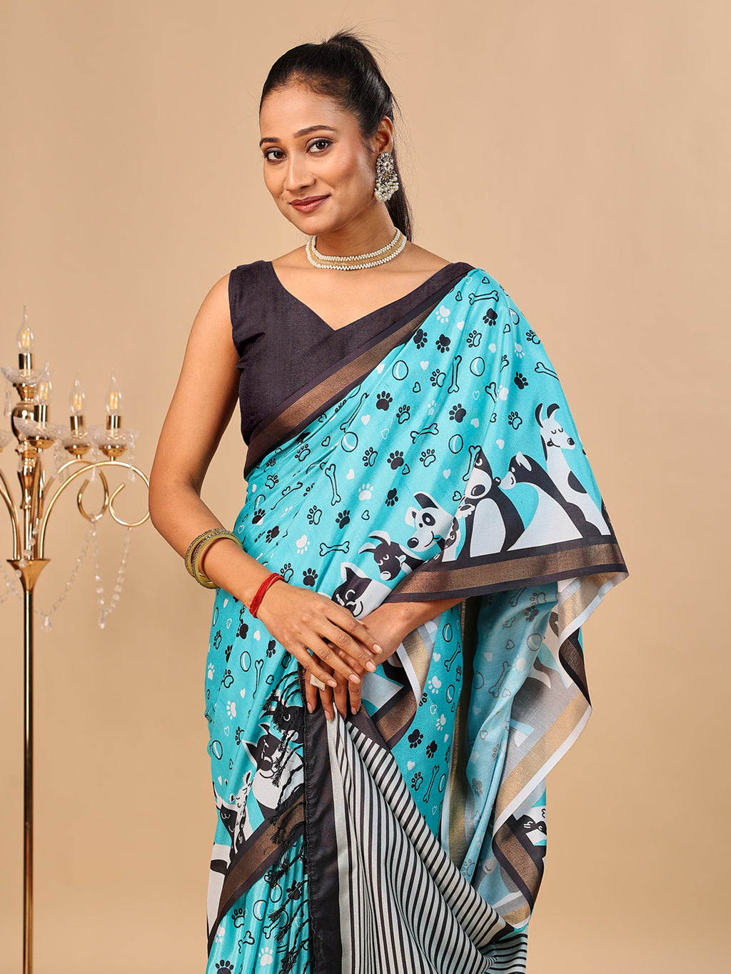 Blue Soft Cotton Silk Saree with Golden Zari Border & Dog Digital Prints