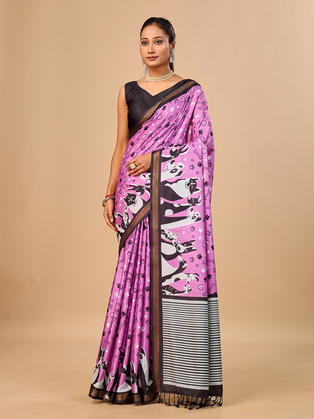 Lilac Soft Cotton Silk Saree with Golden Zari Border & Dog Digital Prints