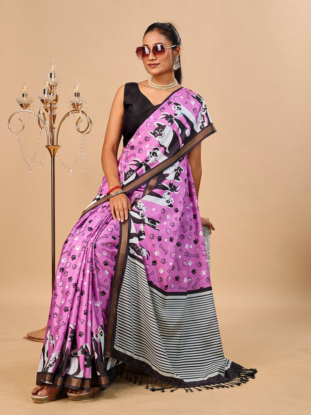 Lilac Soft Cotton Silk Saree with Golden Zari Border & Dog Digital Prints