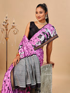 Lilac Soft Cotton Silk Saree with Golden Zari Border & Dog Digital Prints