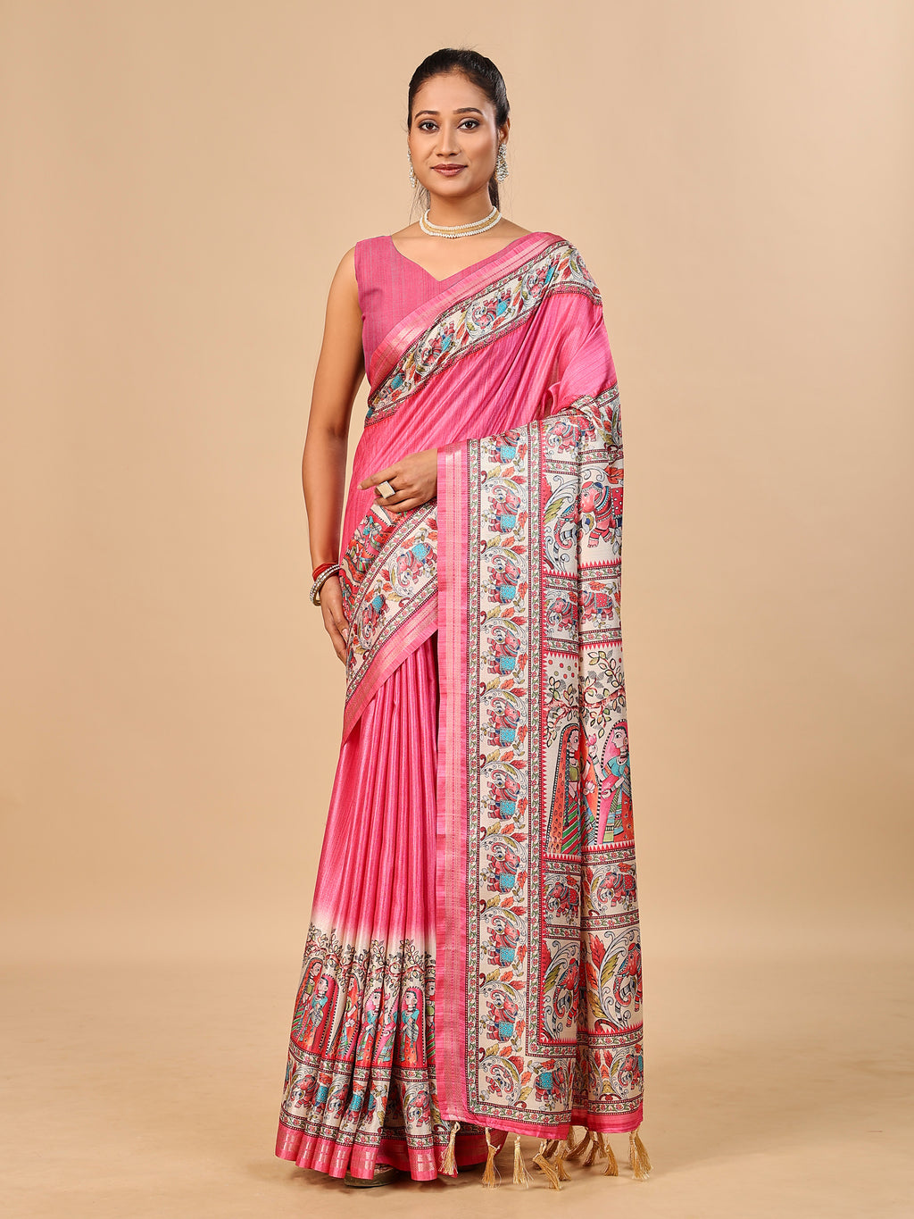 Pink Soft Tussar Silk Saree with Madhubani Digital Prints