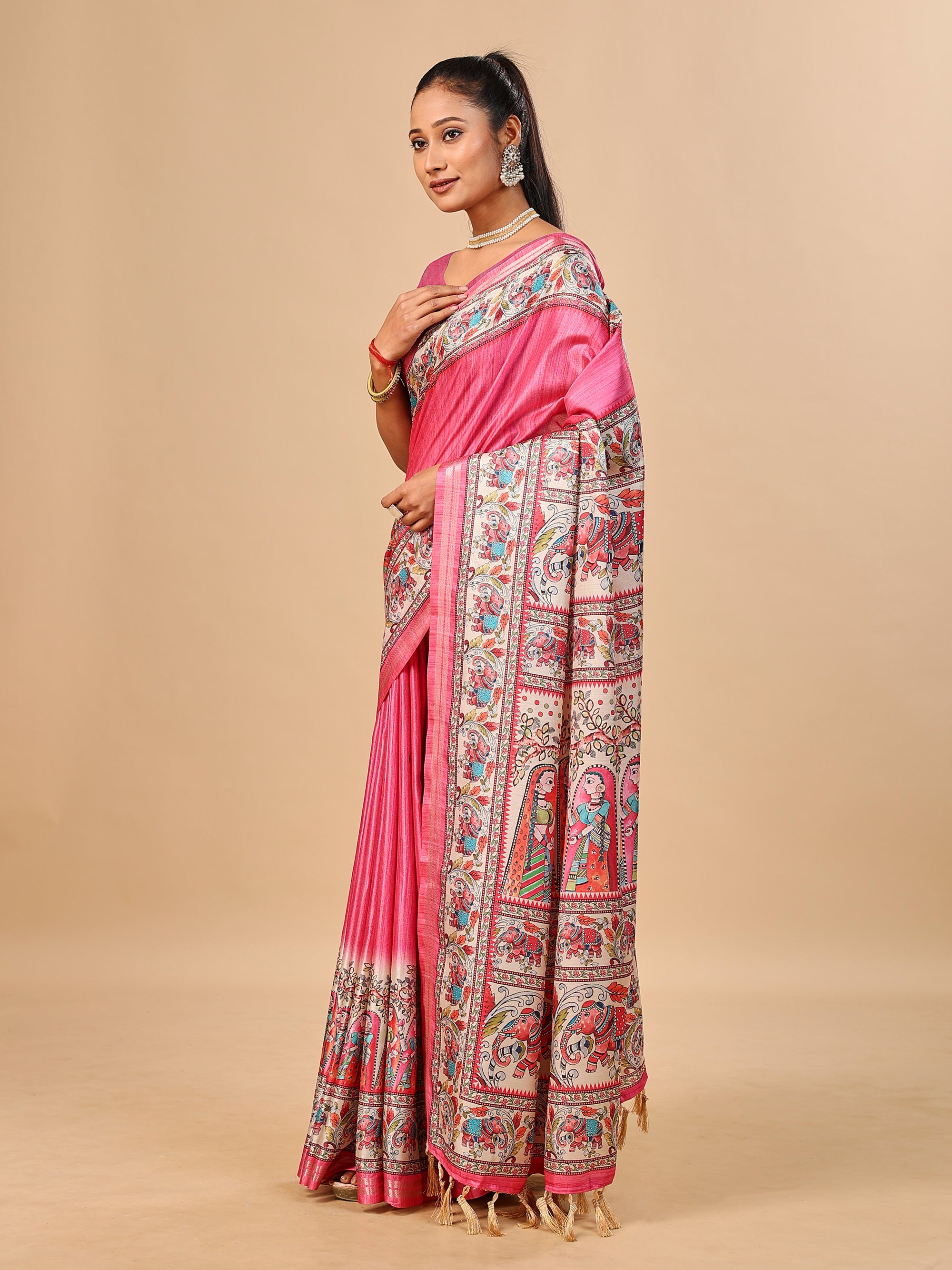 Pink Soft Tussar Silk Saree with Madhubani Digital Prints