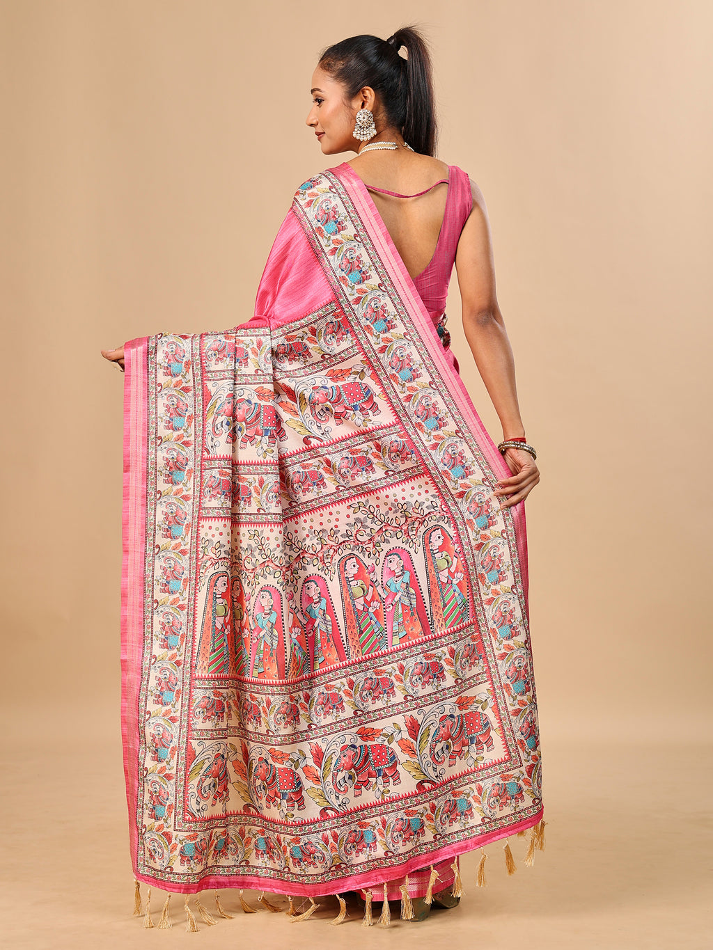 Pink Soft Tussar Silk Saree with Madhubani Digital Prints