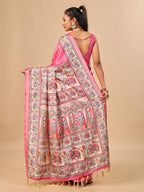 Pink Soft Tussar Silk Saree with Madhubani Digital Prints