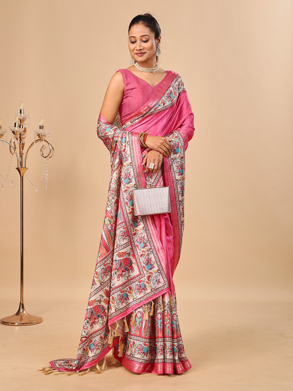 Pink Soft Tussar Silk Saree with Madhubani Digital Prints