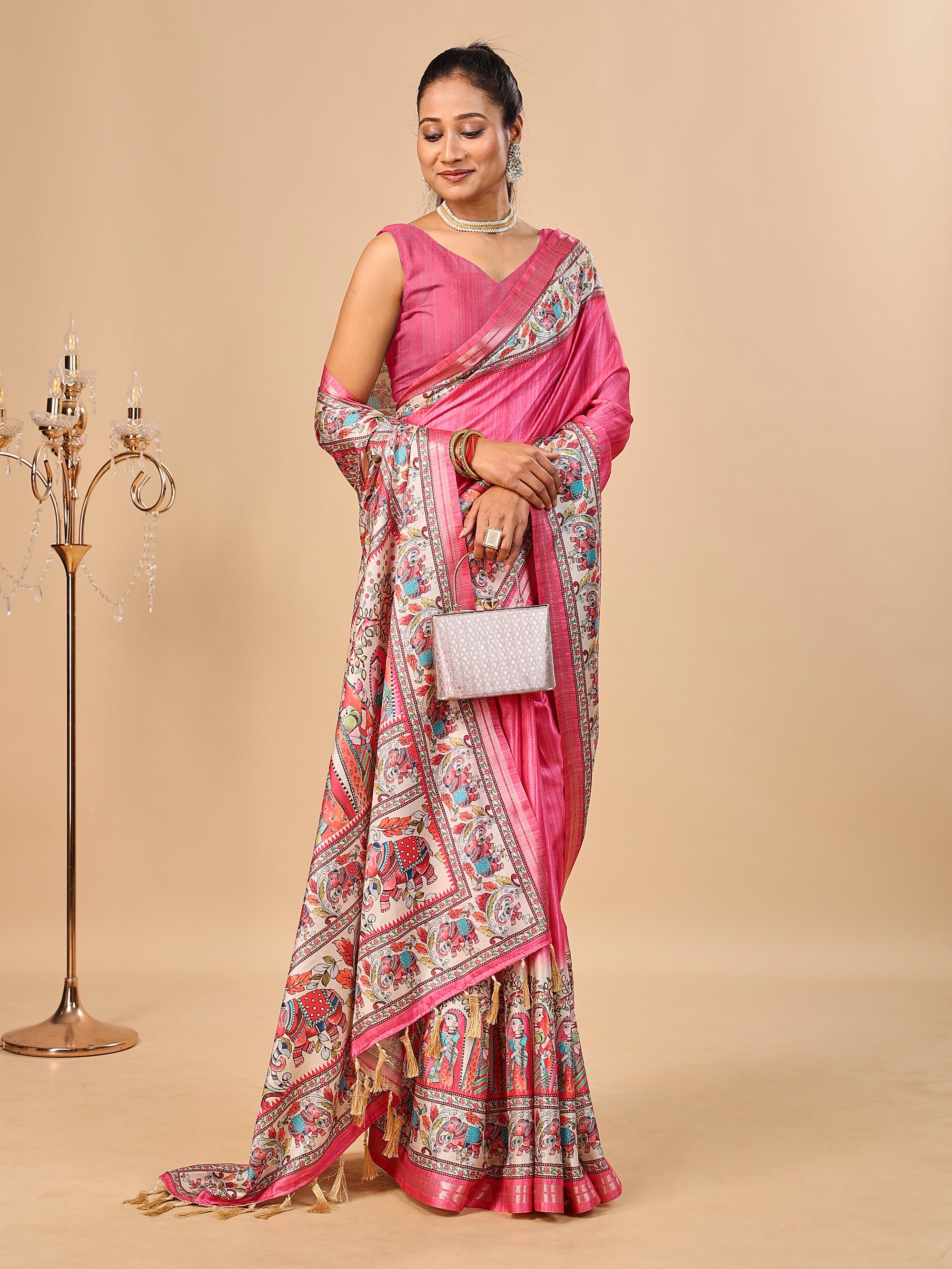 Pink Soft Tussar Silk Saree with Madhubani Digital Prints