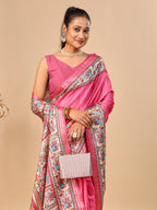 Pink Soft Tussar Silk Saree with Madhubani Digital Prints