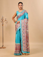 Sea Blue Soft Tussar Silk Saree with Madhubani Digital Prints
