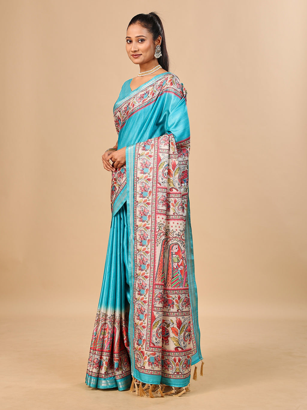 Sea Blue Soft Tussar Silk Saree with Madhubani Digital Prints