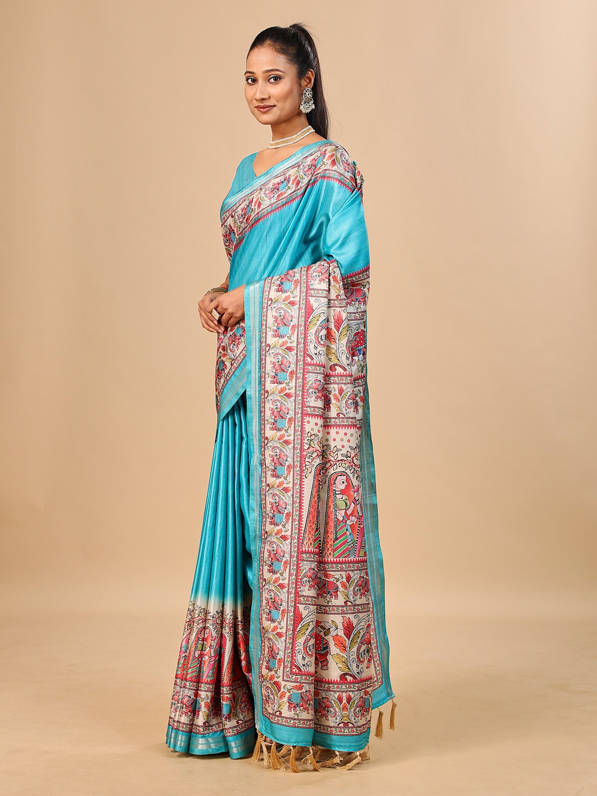 Sea Blue Soft Tussar Silk Saree with Madhubani Digital Prints