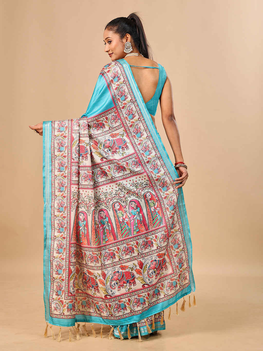 Sea Blue Soft Tussar Silk Saree with Madhubani Digital Prints