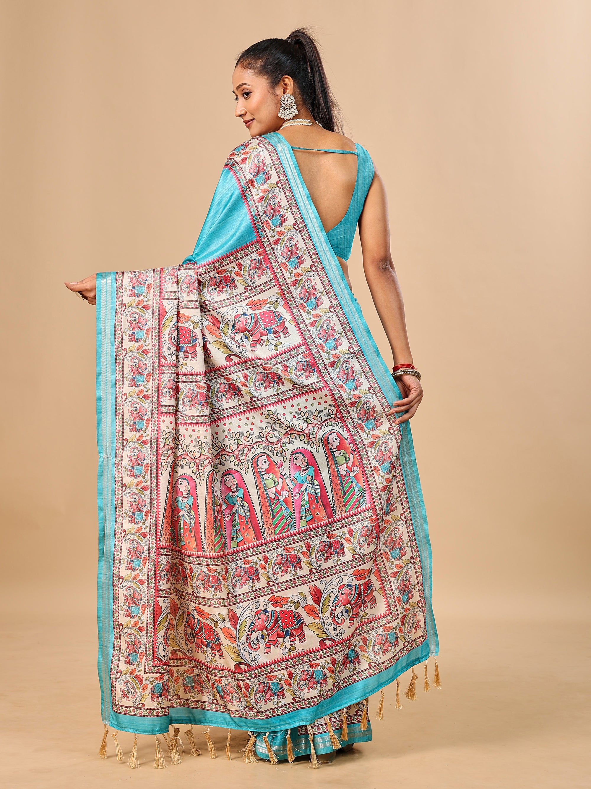 Sea Blue Soft Tussar Silk Saree with Madhubani Digital Prints