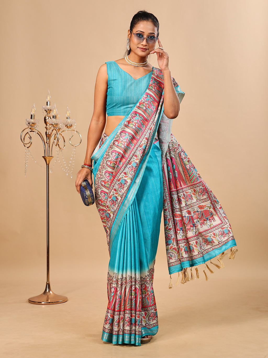 Sea Blue Soft Tussar Silk Saree with Madhubani Digital Prints