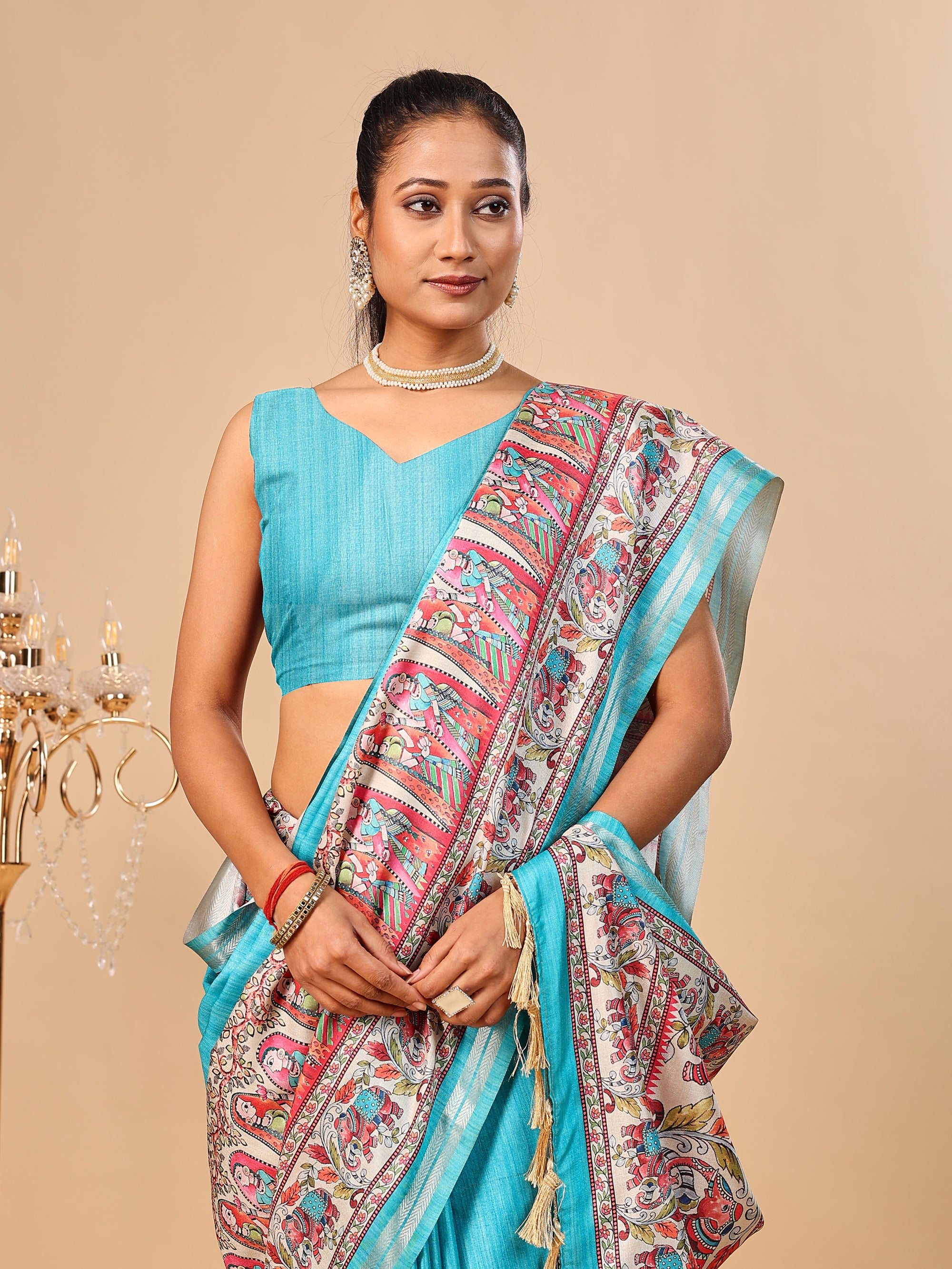 Sea Blue Soft Tussar Silk Saree with Madhubani Digital Prints