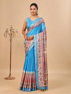 Blue Soft Tussar Silk Saree with Madhubani Digital Prints