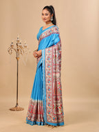 Blue Soft Tussar Silk Saree with Madhubani Digital Prints