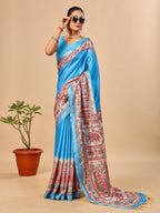 Blue Soft Tussar Silk Saree with Madhubani Digital Prints