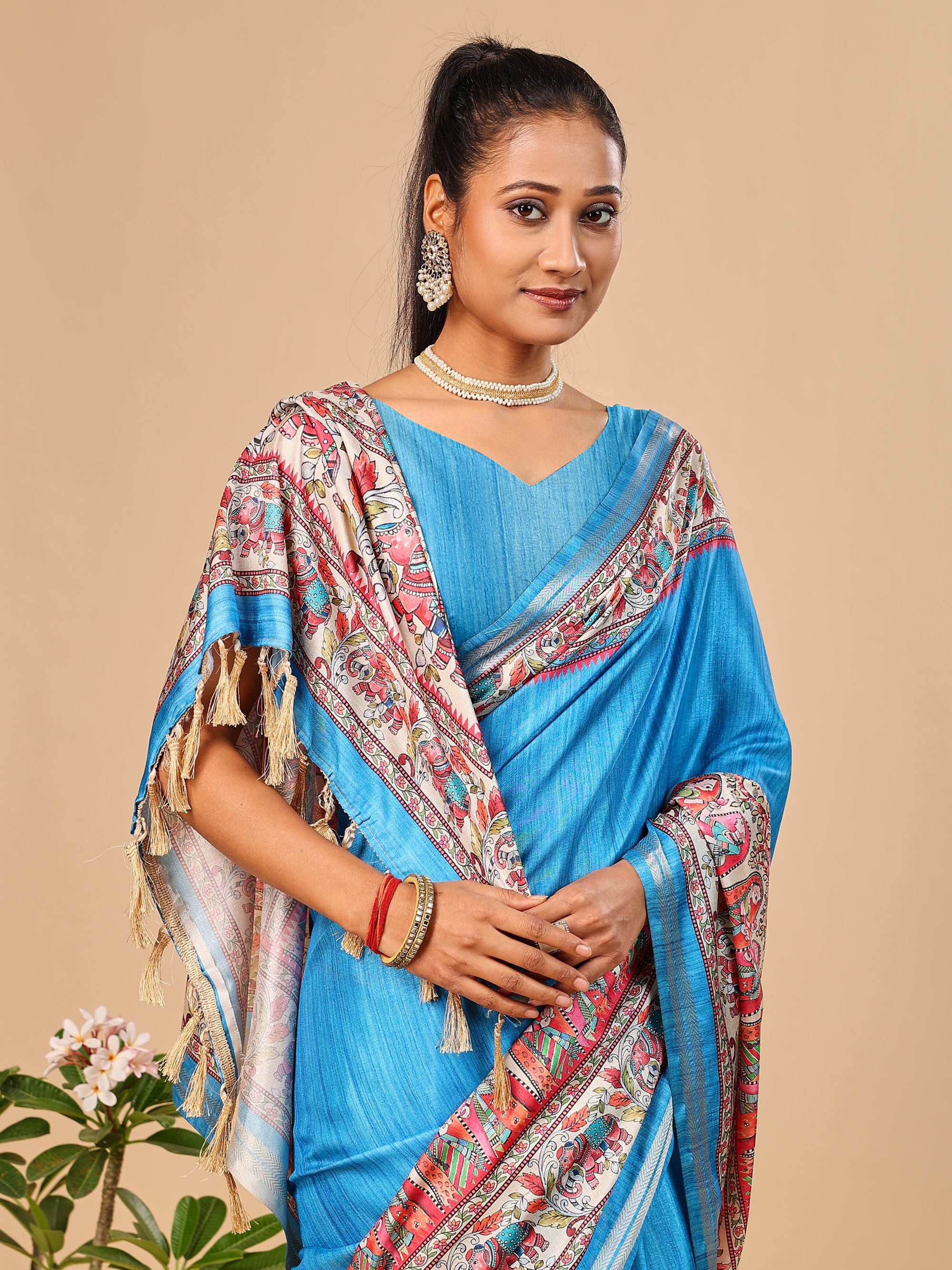 Blue Soft Tussar Silk Saree with Madhubani Digital Prints
