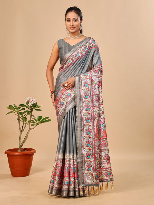 Grey Soft Tussar Silk Saree with Madhubani Digital Prints