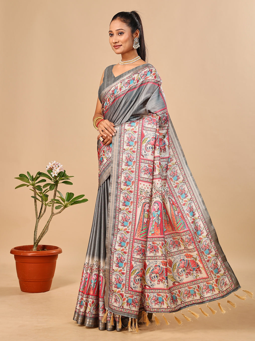 Grey Soft Tussar Silk Saree with Madhubani Digital Prints