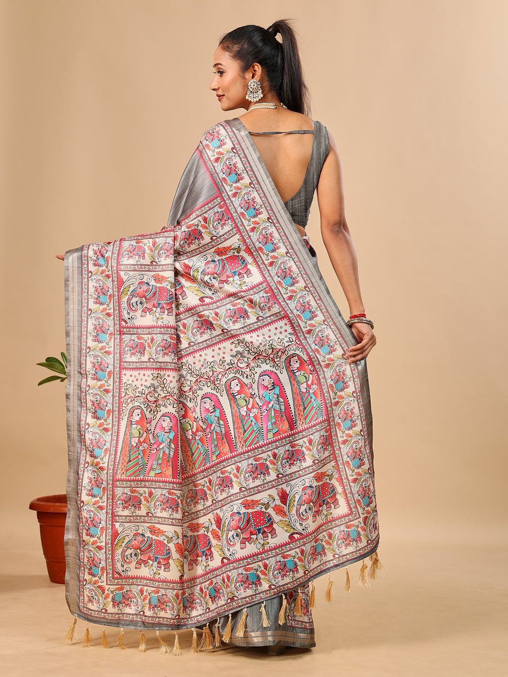 Grey Soft Tussar Silk Saree with Madhubani Digital Prints
