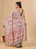 Grey Soft Tussar Silk Saree with Madhubani Digital Prints