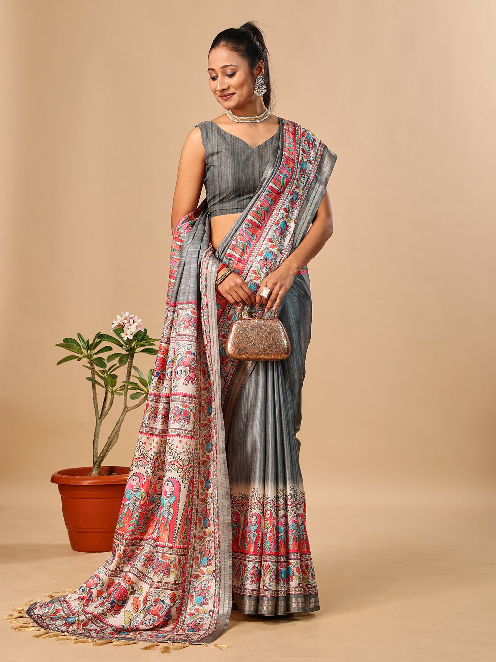 Grey Soft Tussar Silk Saree with Madhubani Digital Prints