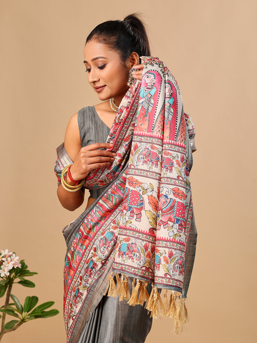 Grey Soft Tussar Silk Saree with Madhubani Digital Prints
