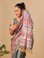 Grey Soft Tussar Silk Saree with Madhubani Digital Prints