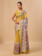Mustard Soft Tussar Silk Saree with Madhubani Digital Prints