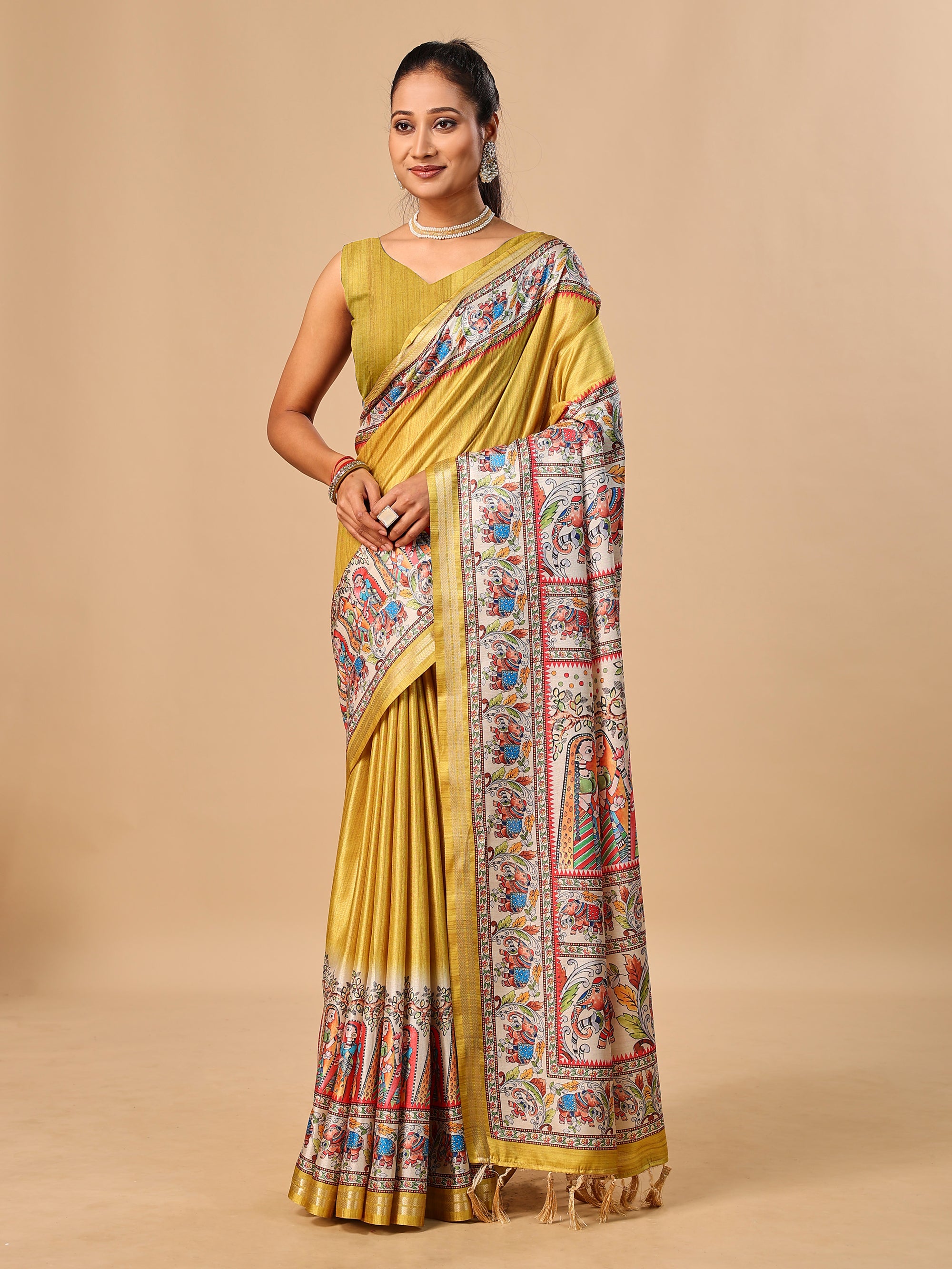 Mustard Soft Tussar Silk Saree with Madhubani Digital Prints