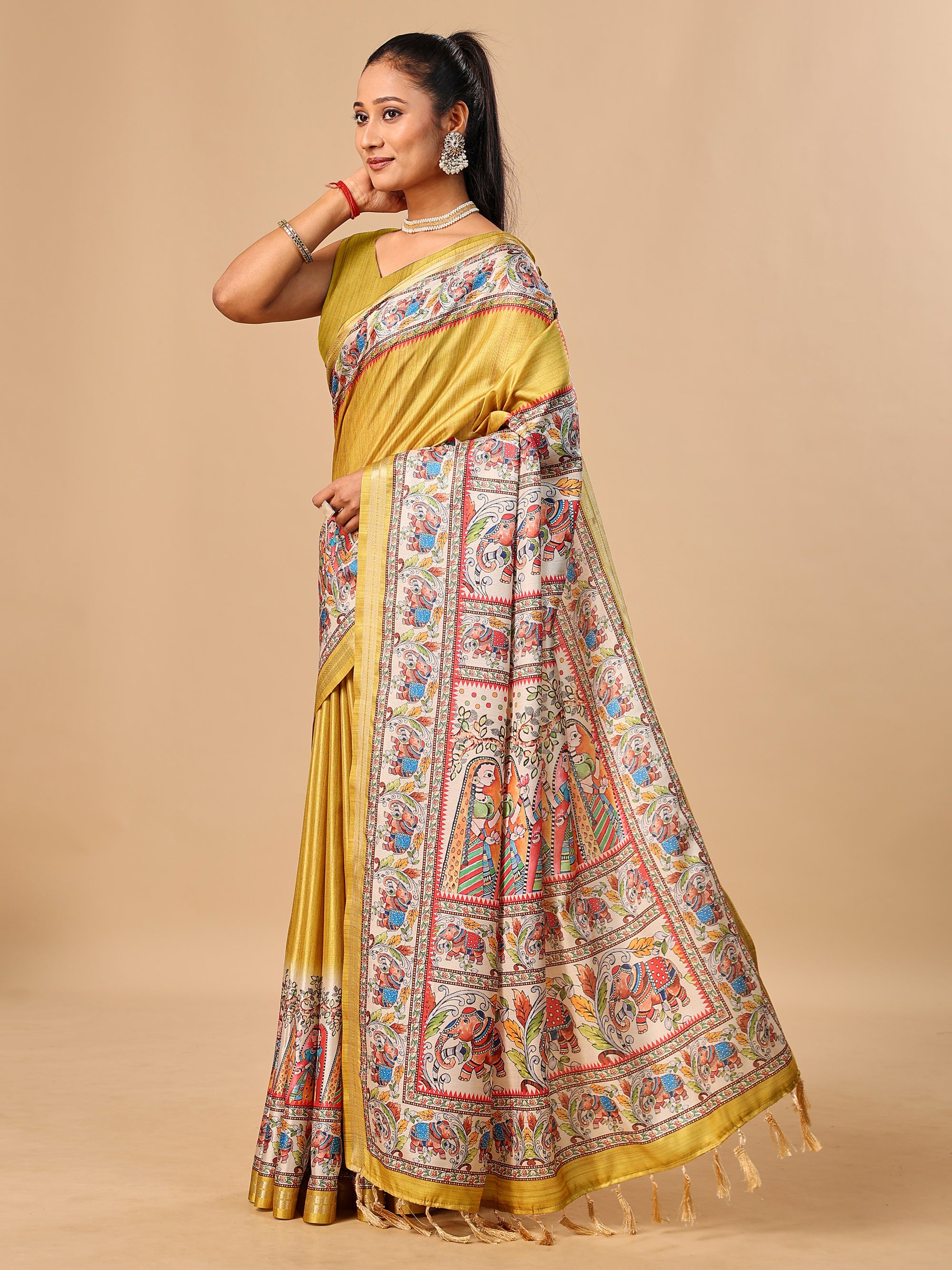 Mustard Soft Tussar Silk Saree with Madhubani Digital Prints