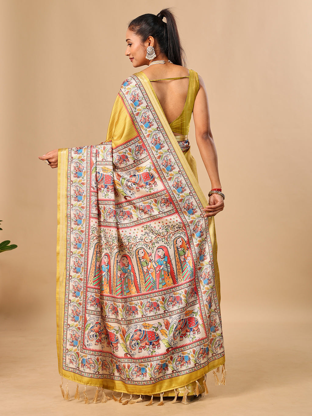 Mustard Soft Tussar Silk Saree with Madhubani Digital Prints