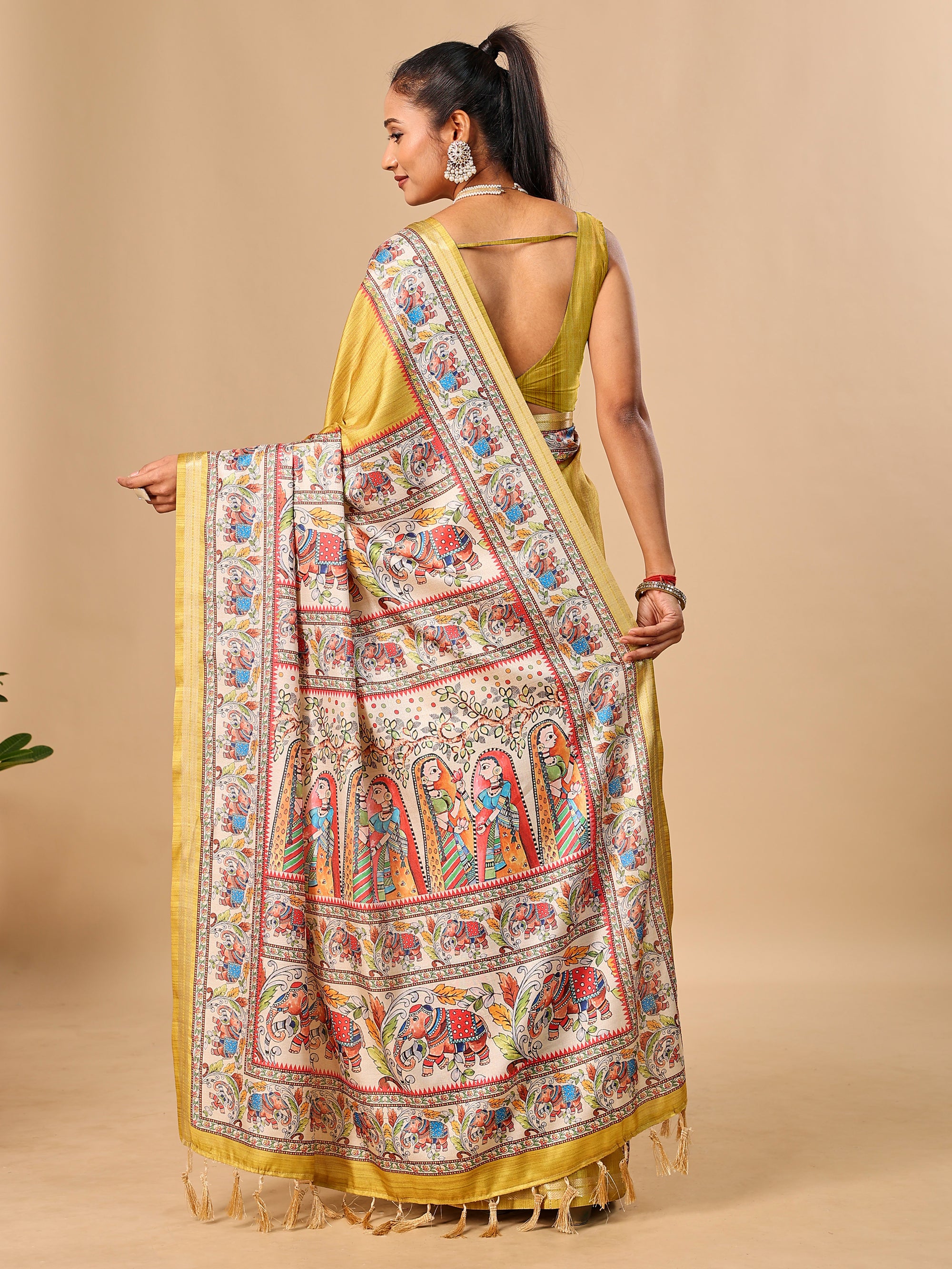 Mustard Soft Tussar Silk Saree with Madhubani Digital Prints