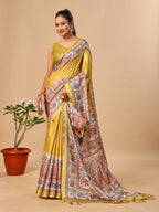 Mustard Soft Tussar Silk Saree with Madhubani Digital Prints