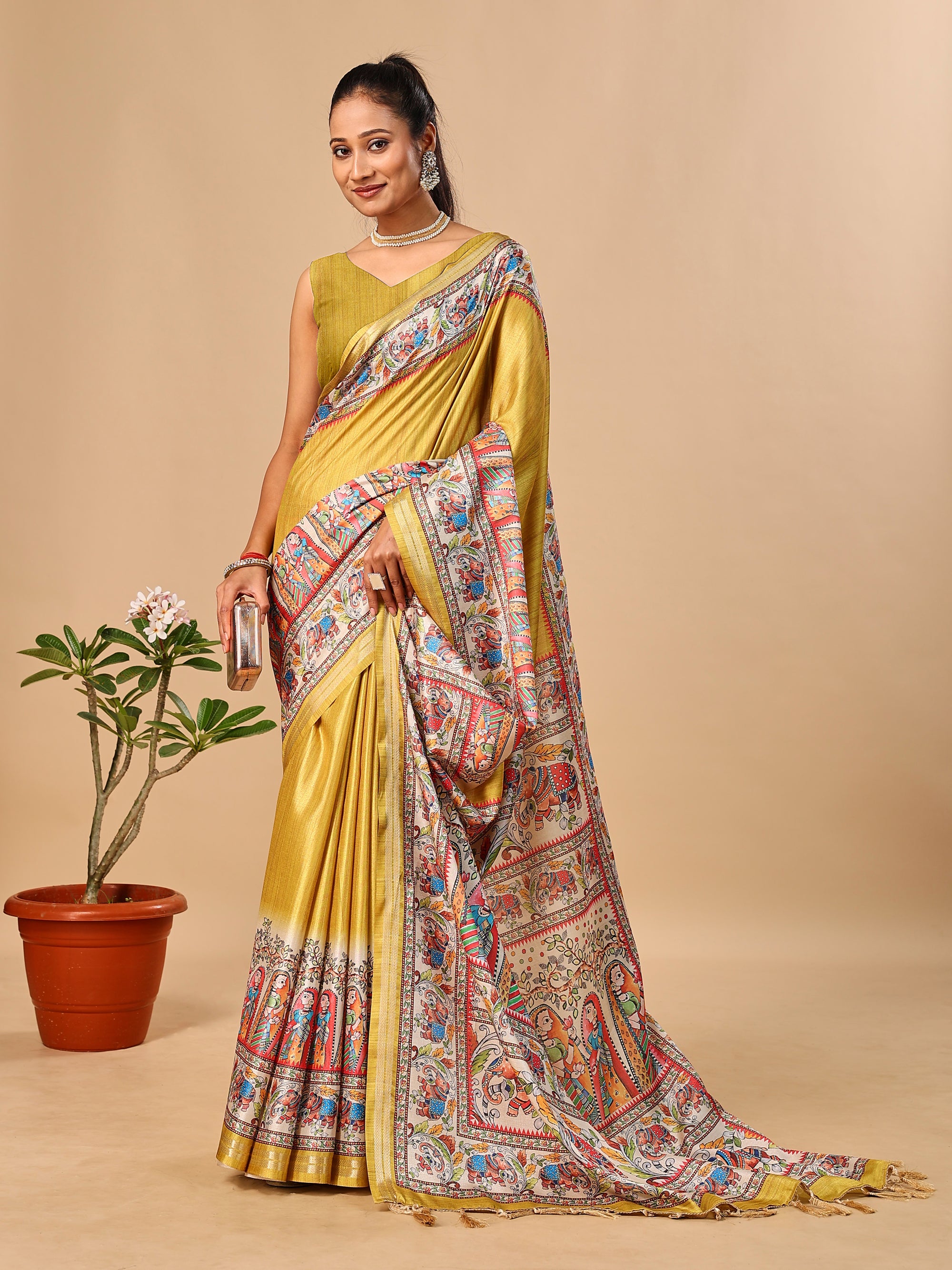 Mustard Soft Tussar Silk Saree with Madhubani Digital Prints