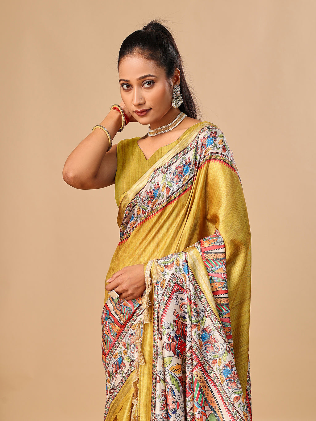 Mustard Soft Tussar Silk Saree with Madhubani Digital Prints