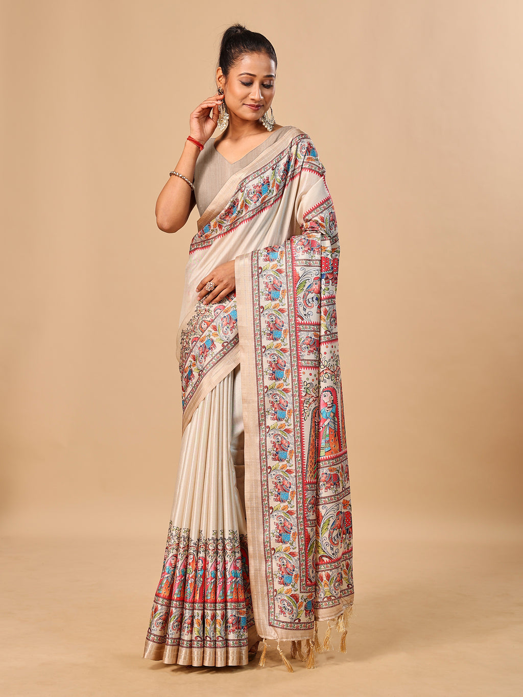 Cream Soft Tussar Silk Saree with Madhubani Digital Prints