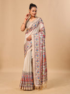 Cream Soft Tussar Silk Saree with Madhubani Digital Prints