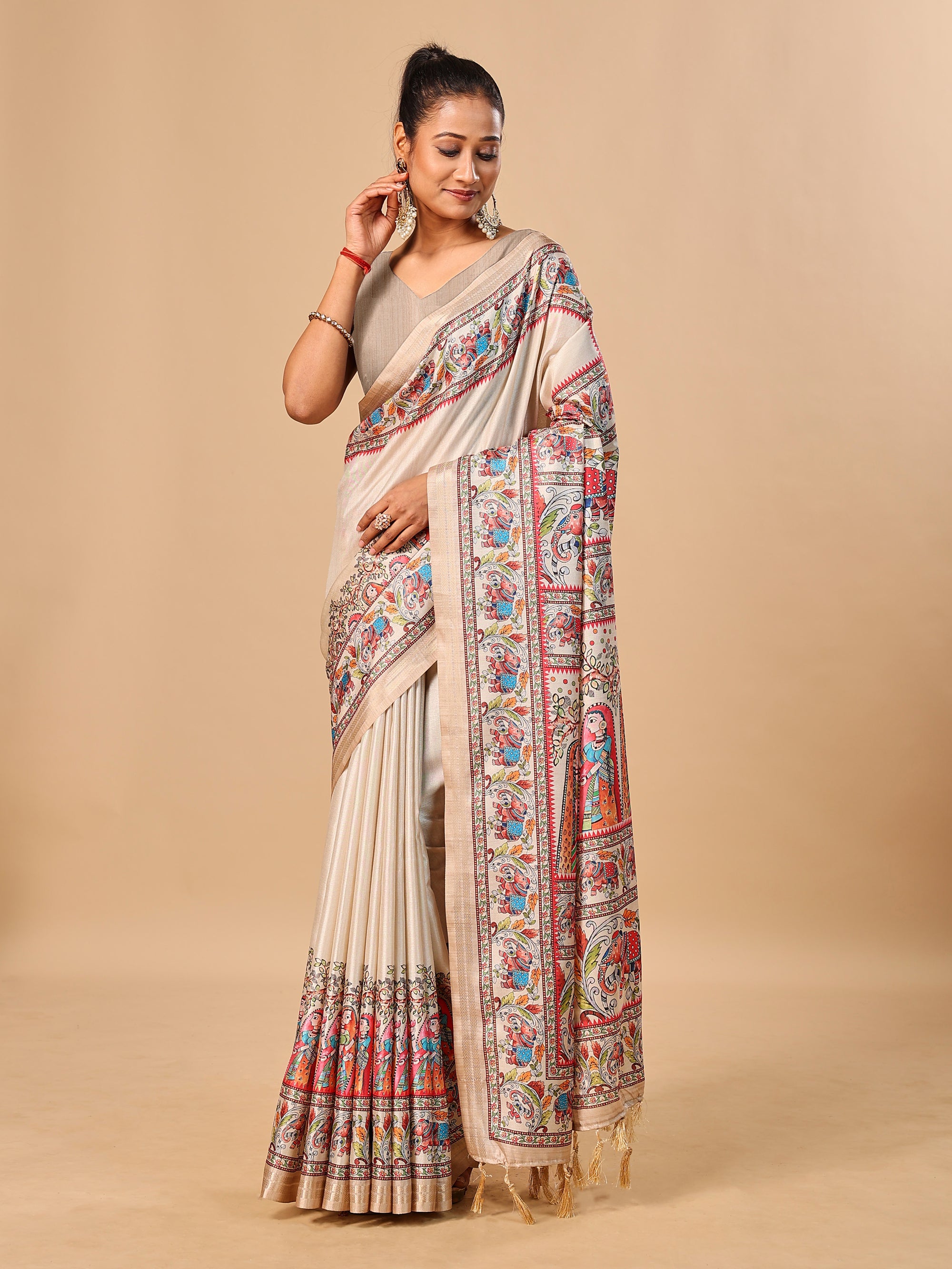 Cream Soft Tussar Silk Saree with Madhubani Digital Prints