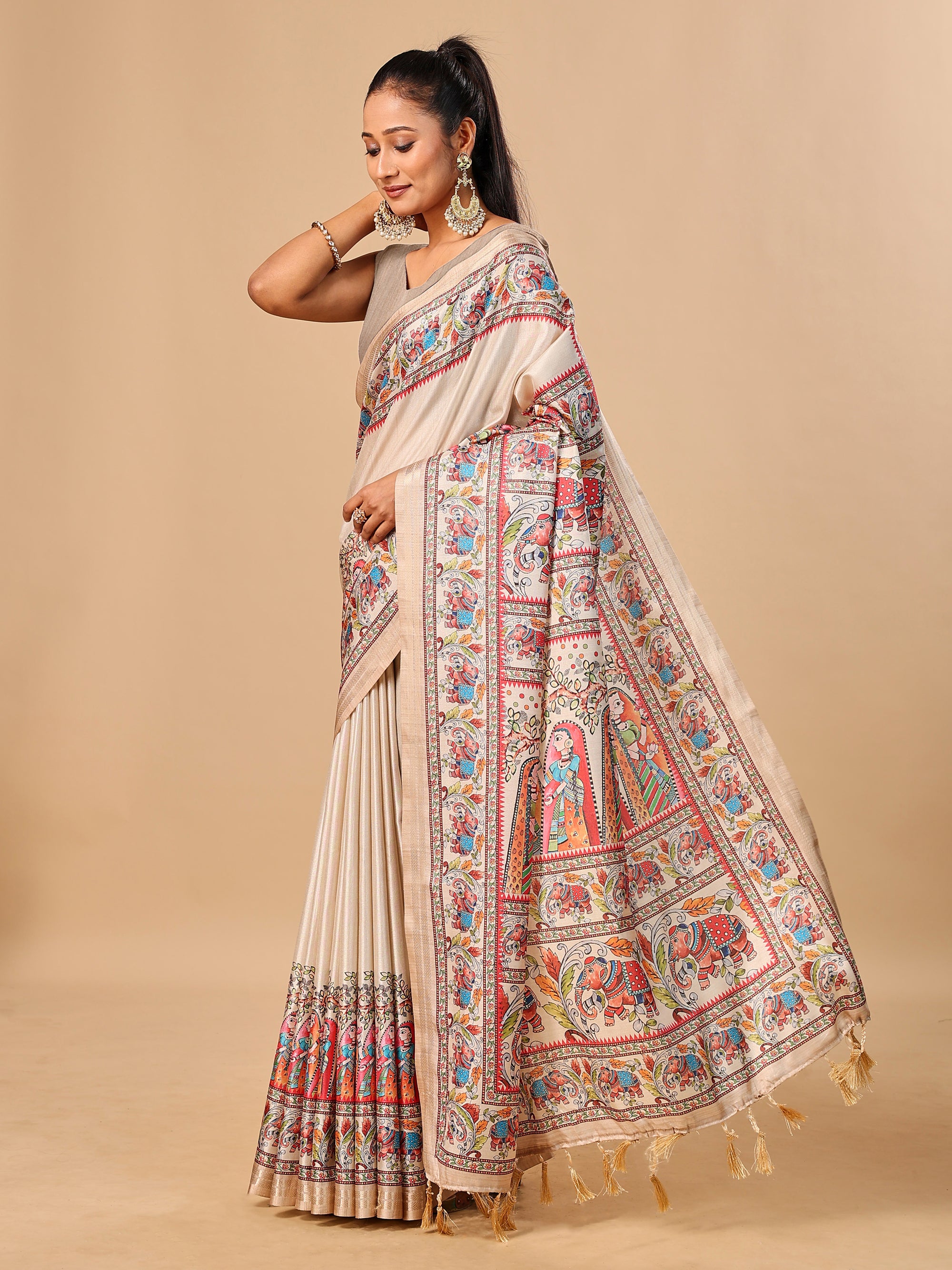 Cream Soft Tussar Silk Saree with Madhubani Digital Prints